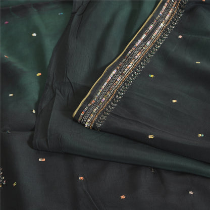 Sanskriti Vintage Sarees Black/Green Tie-Dye Hand Beaded Pure Crepe Sari Fabric