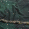 Sanskriti Vintage Sarees Black/Green Tie-Dye Hand Beaded Pure Crepe Sari Fabric