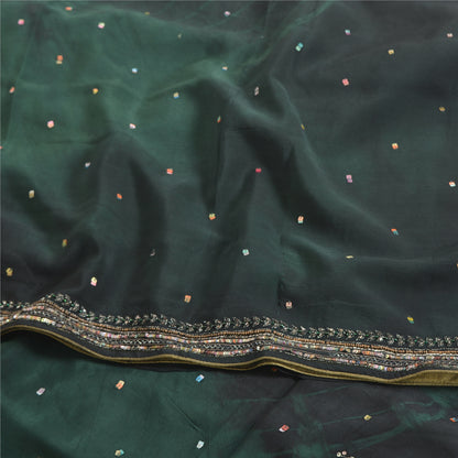 Sanskriti Vintage Sarees Black/Green Tie-Dye Hand Beaded Pure Crepe Sari Fabric