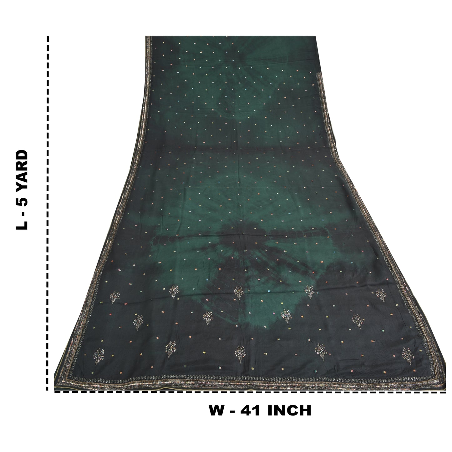 Sanskriti Vintage Sarees Black/Green Tie-Dye Hand Beaded Pure Crepe Sari Fabric