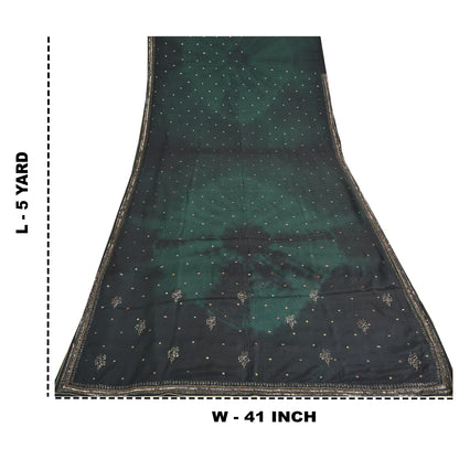 Sanskriti Vintage Sarees Black/Green Tie-Dye Hand Beaded Pure Crepe Sari Fabric