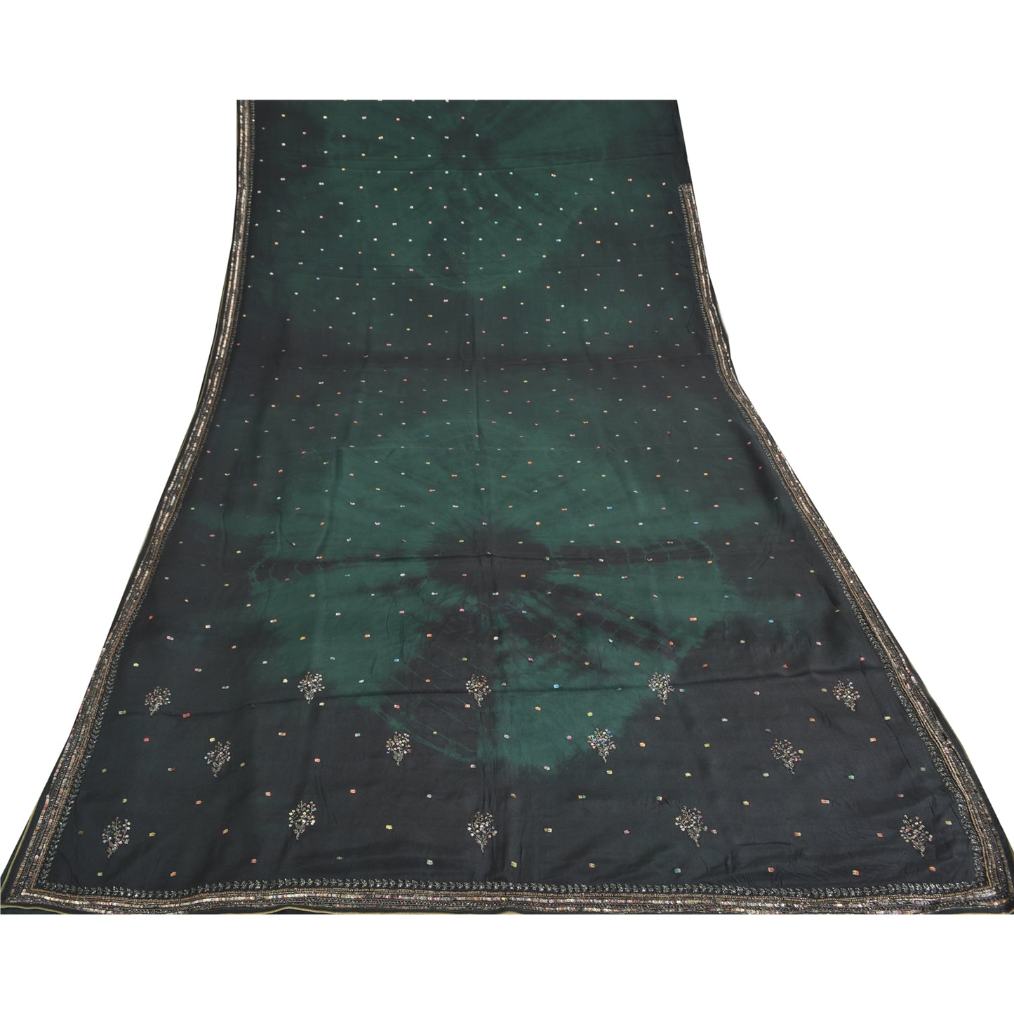 Sanskriti Vintage Sarees Black/Green Tie-Dye Hand Beaded Pure Crepe Sari Fabric