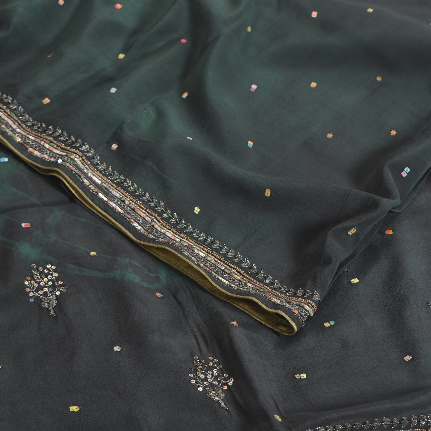 Sanskriti Vintage Sarees Black/Green Tie-Dye Hand Beaded Pure Crepe Sari Fabric