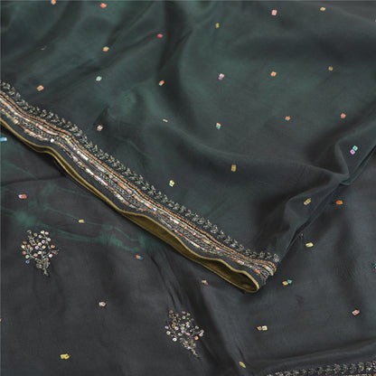 Sanskriti Vintage Sarees Black/Green Tie-Dye Hand Beaded Pure Crepe Sari Fabric