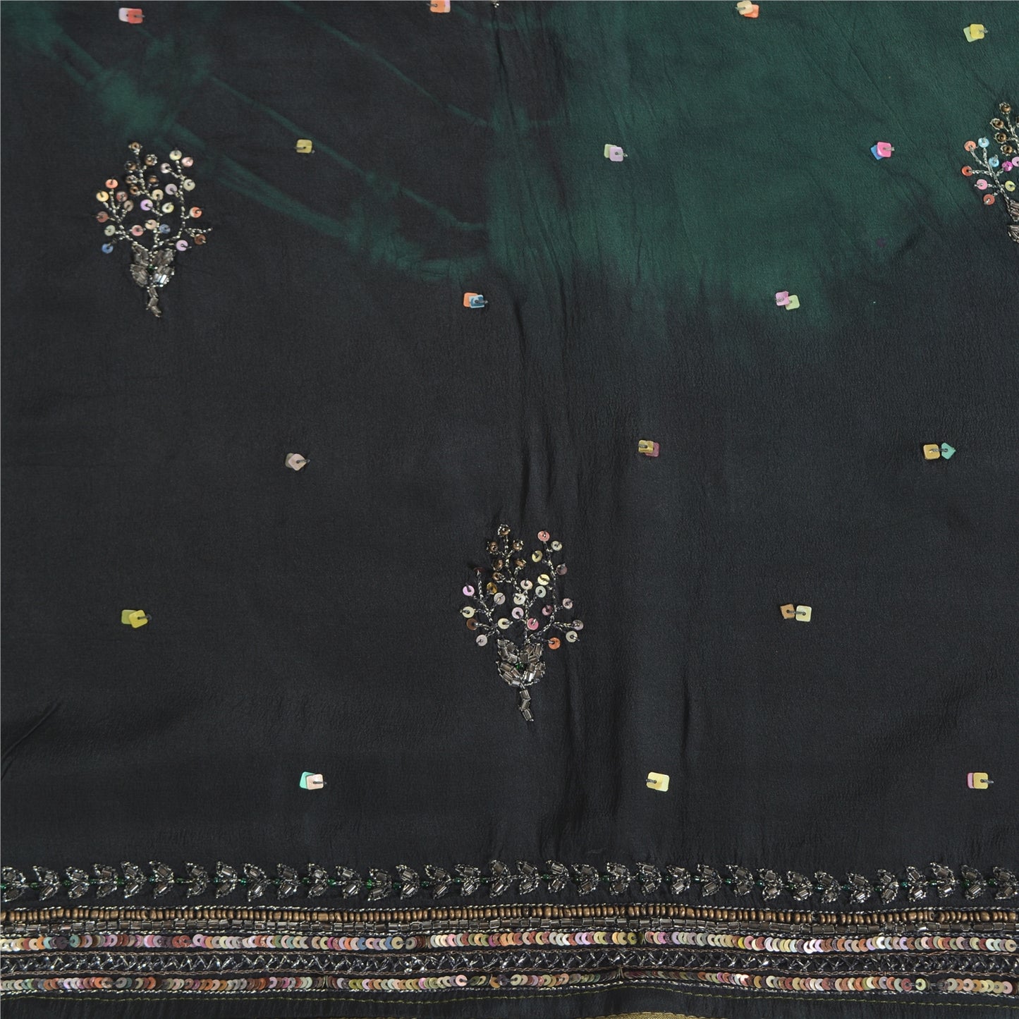 Sanskriti Vintage Sarees Black/Green Tie-Dye Hand Beaded Pure Crepe Sari Fabric