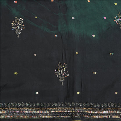 Sanskriti Vintage Sarees Black/Green Tie-Dye Hand Beaded Pure Crepe Sari Fabric