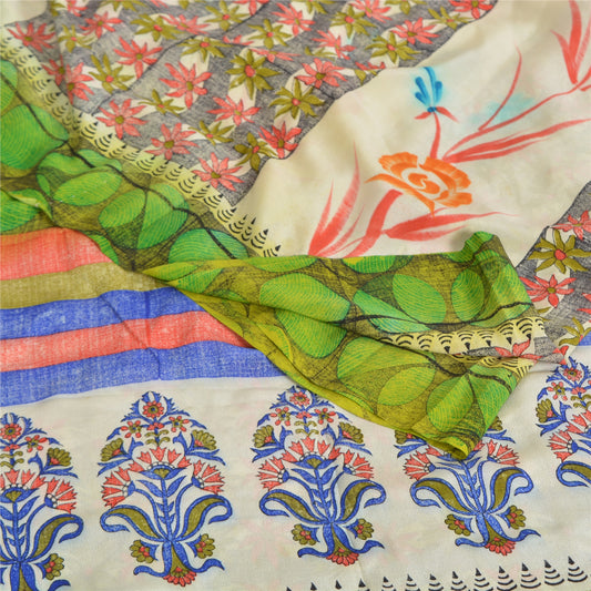 Sanskriti Vintage Sarees Multicolor Pure Crepe Silk Print Sari 5yd Craft Sustainable Fabric