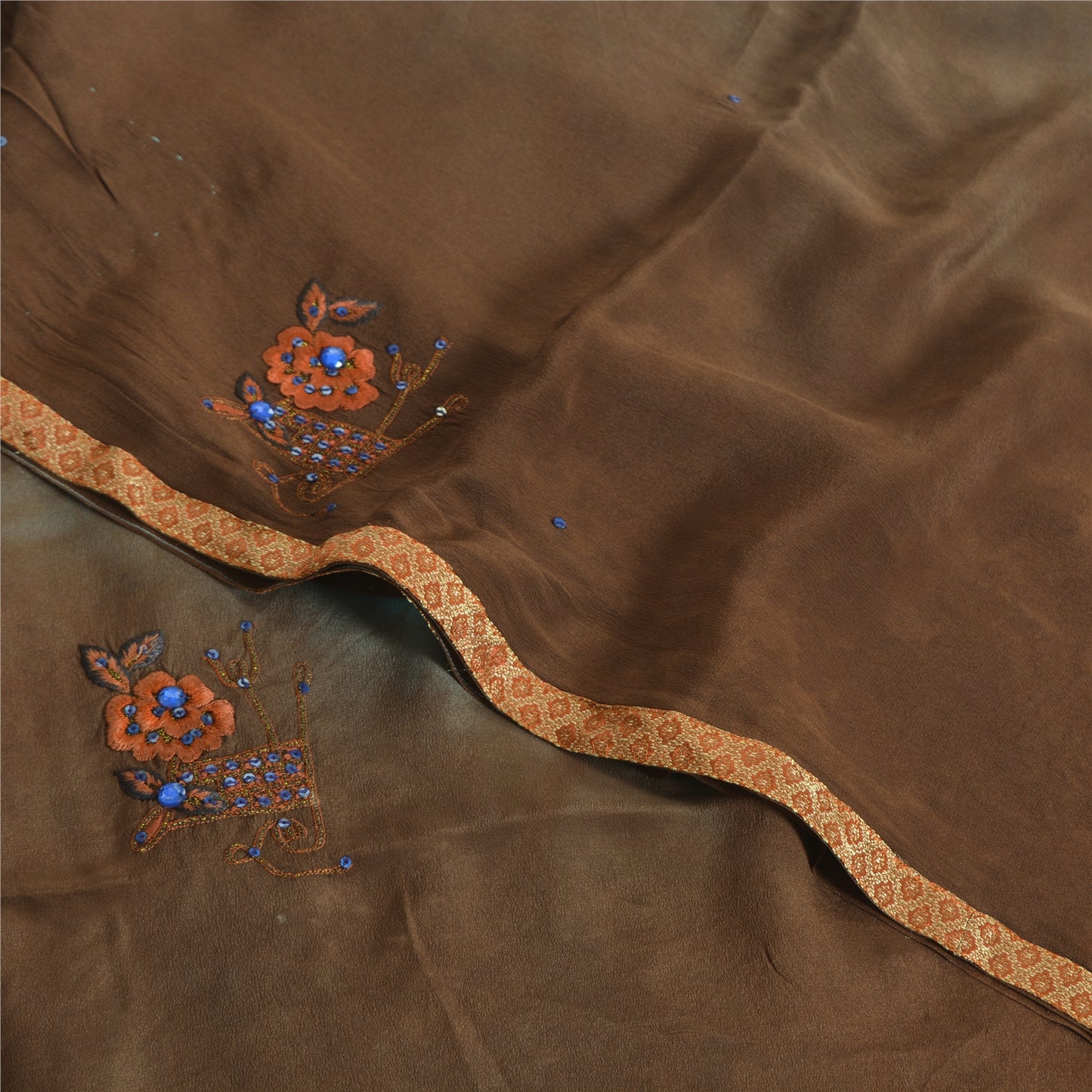 Sanskriti Vintage Sarees Indisk Brun Tie-Dye Håndperlet Ren Crepe Sari Bæredygtigt Stof