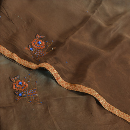 Sanskriti Vintage Sarees Indisk Brun Tie-Dye Håndperlet Ren Crepe Sari Bæredygtigt Stof