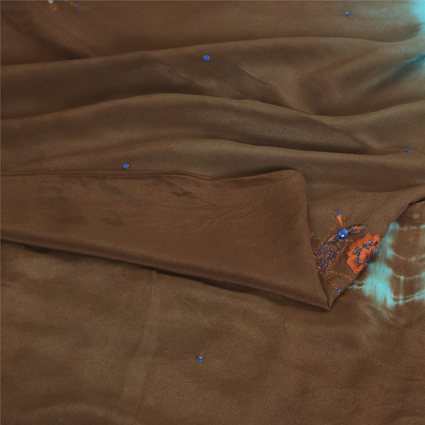 Sanskriti Vintage Sarees Indisk Brun Tie-Dye Håndperlet Ren Crepe Sari Bæredygtigt Stof