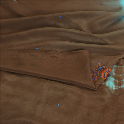 Sanskriti Vintage Sarees Indisk Brun Tie-Dye Håndperlet Ren Crepe Sari Bæredygtigt Stof