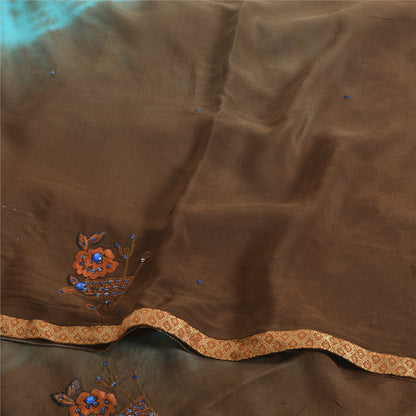 Sanskriti Vintage Sarees Indisk Brun Tie-Dye Håndperlet Ren Crepe Sari Bæredygtigt Stof