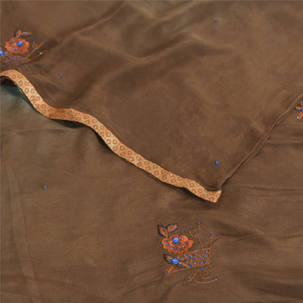 Sanskriti Vintage Sarees Indisk Brun Tie-Dye Håndperlet Ren Crepe Sari Bæredygtigt Stof