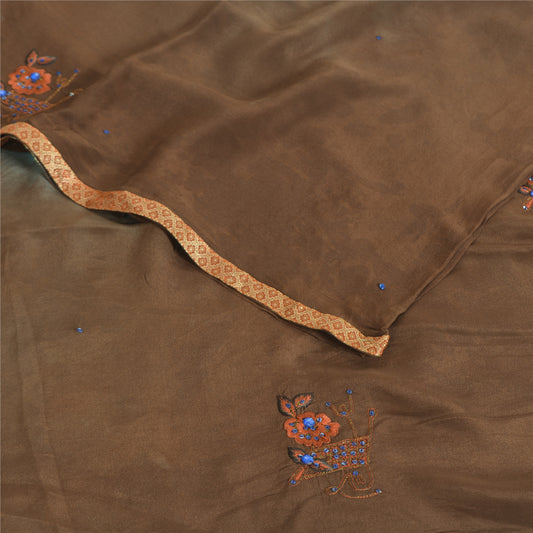 Sanskriti Vintage Sarees Indian Brown Tie-Dye Hand Beaded Pure Crepe Sari Sustainable Fabric