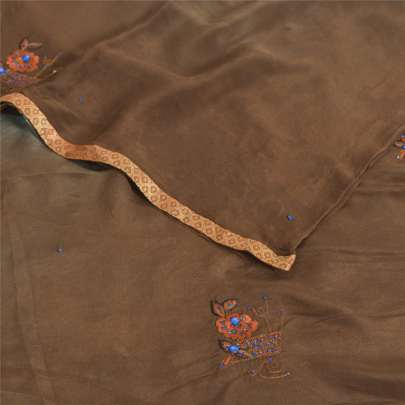 Sanskriti Vintage Sarees Indian Brown Tie-Dye Hand Beaded Pure Crepe Sari Sustainable Fabric