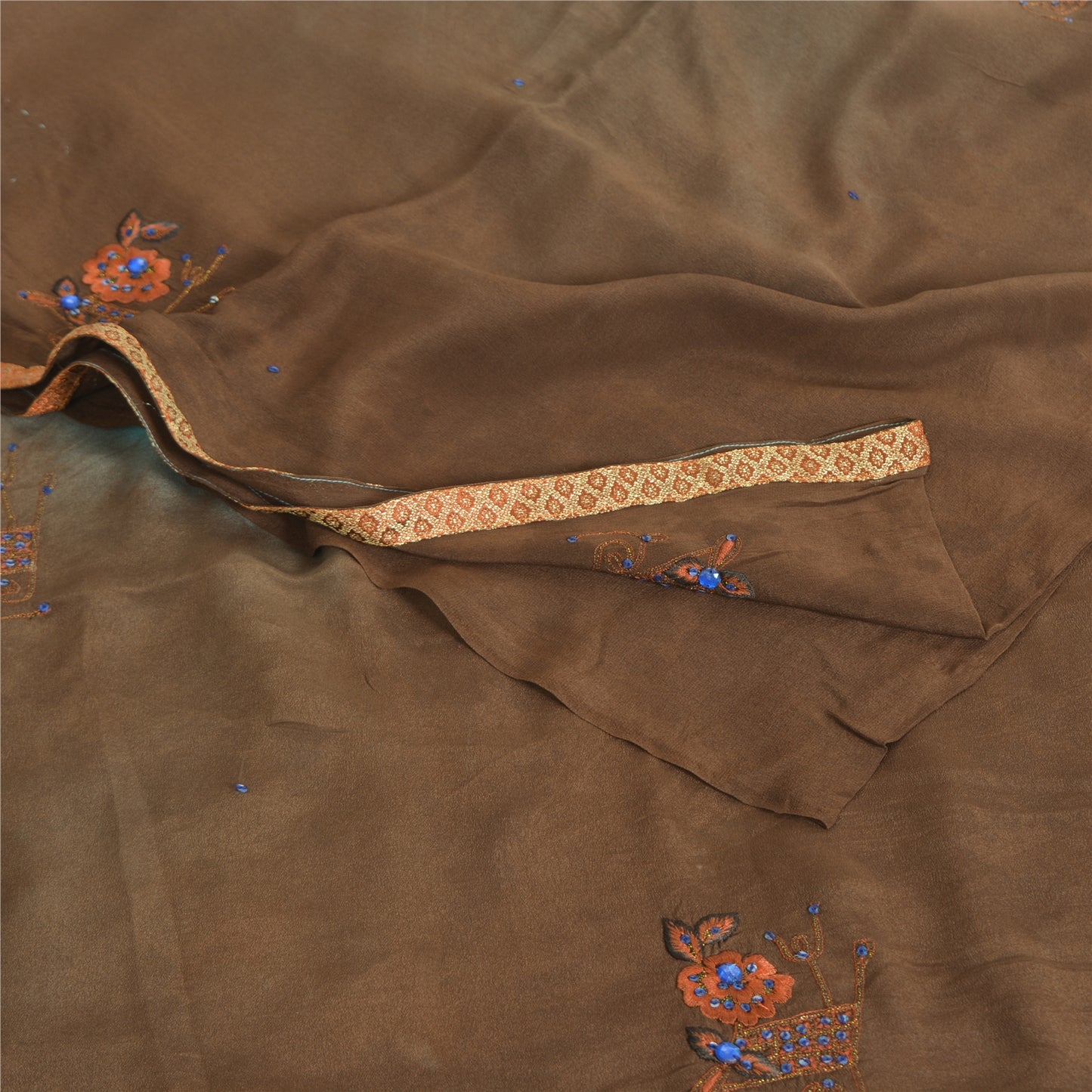 Sanskriti Vintage Sarees Indisk Brun Tie-Dye Håndperlet Ren Crepe Sari Bæredygtigt Stof