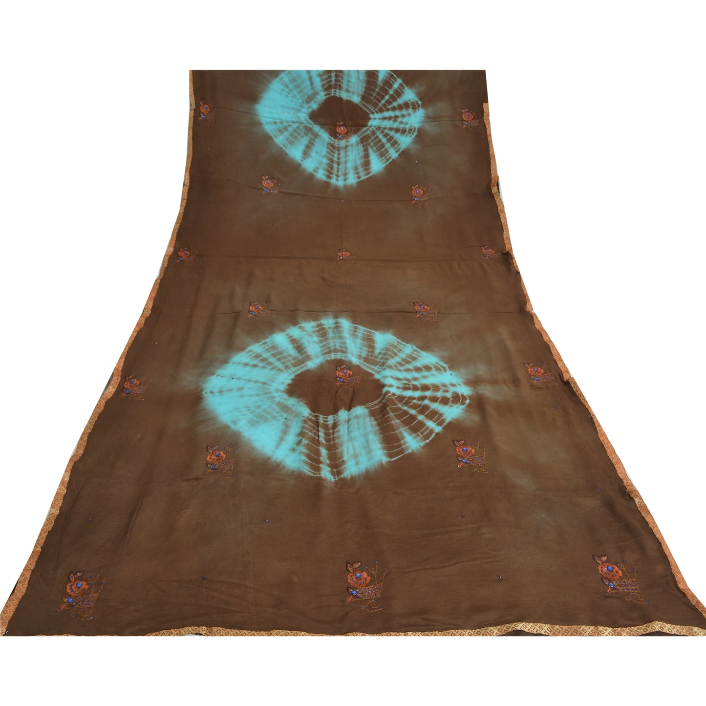 Sanskriti Vintage Sarees Indisk Brun Tie-Dye Håndperlet Ren Crepe Sari Bæredygtigt Stof