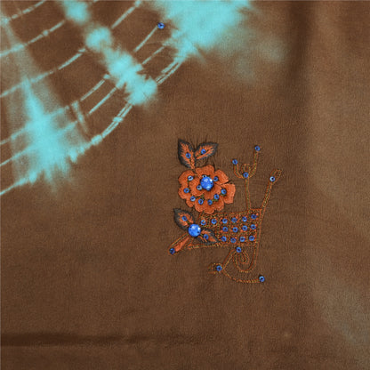 Sanskriti Vintage Sarees Indisk Brun Tie-Dye Håndperlet Ren Crepe Sari Bæredygtigt Stof