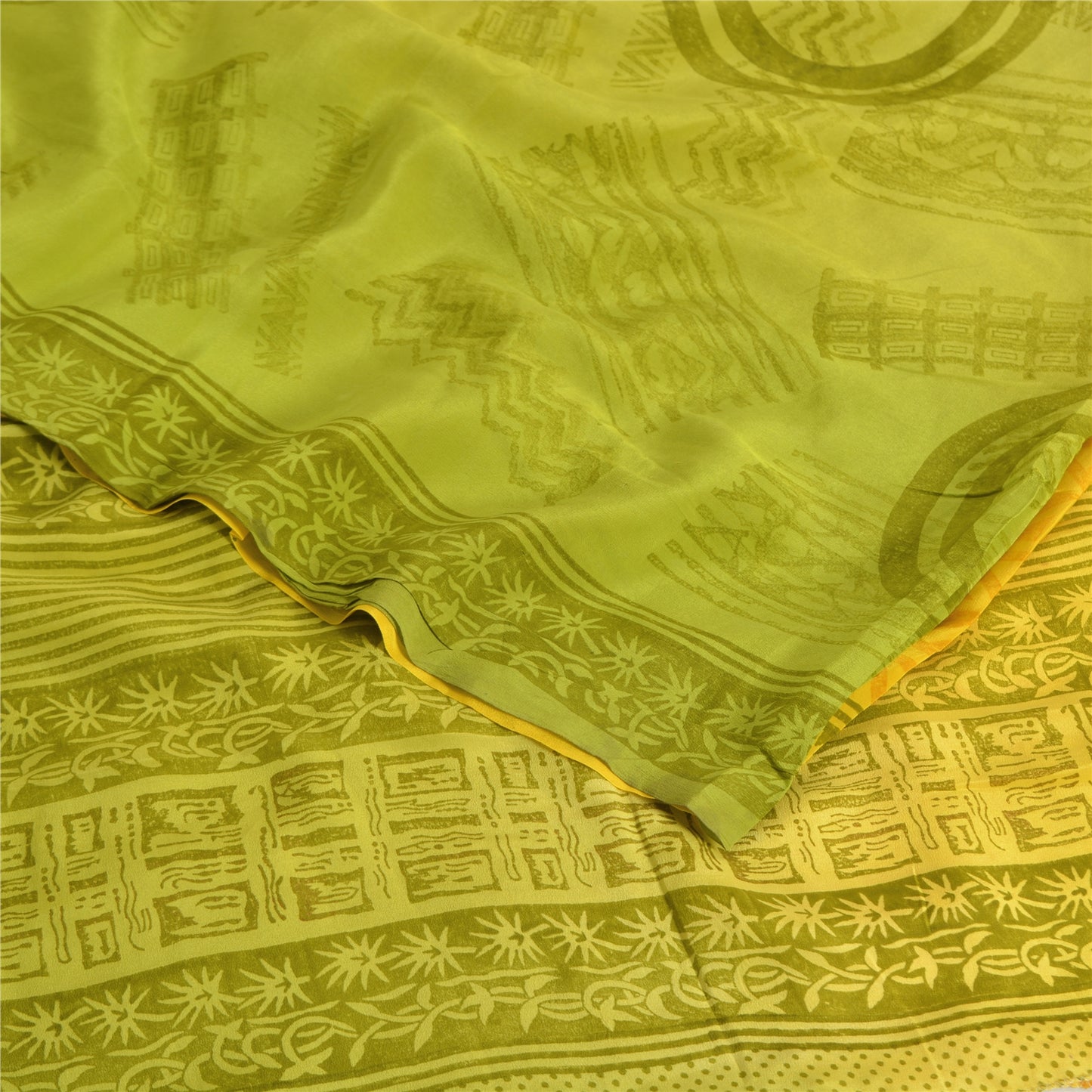 Sanskriti Vintage Sarees Yellow/Green Pure Crepe Silk Printed Sari 5yd Sustainable Fabric