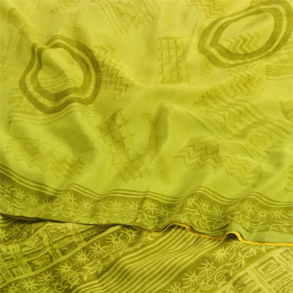 Sanskriti Vintage Sarees Yellow/Green Pure Crepe Silk Printed Sari 5yd Sustainable Fabric