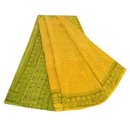 Sanskriti Vintage Sarees Yellow/Green Pure Crepe Silk Printed Sari 5yd Sustainable Fabric