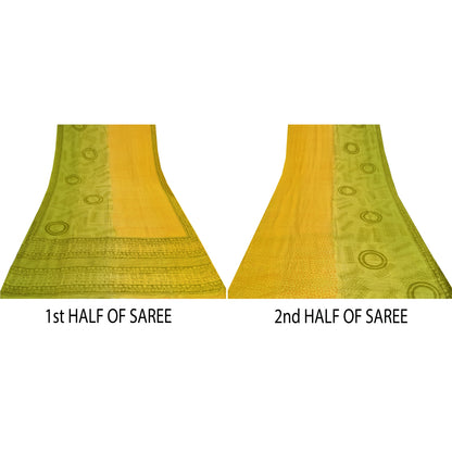 Sanskriti Vintage Sarees Yellow/Green Pure Crepe Silk Printed Sari 5yd Sustainable Fabric