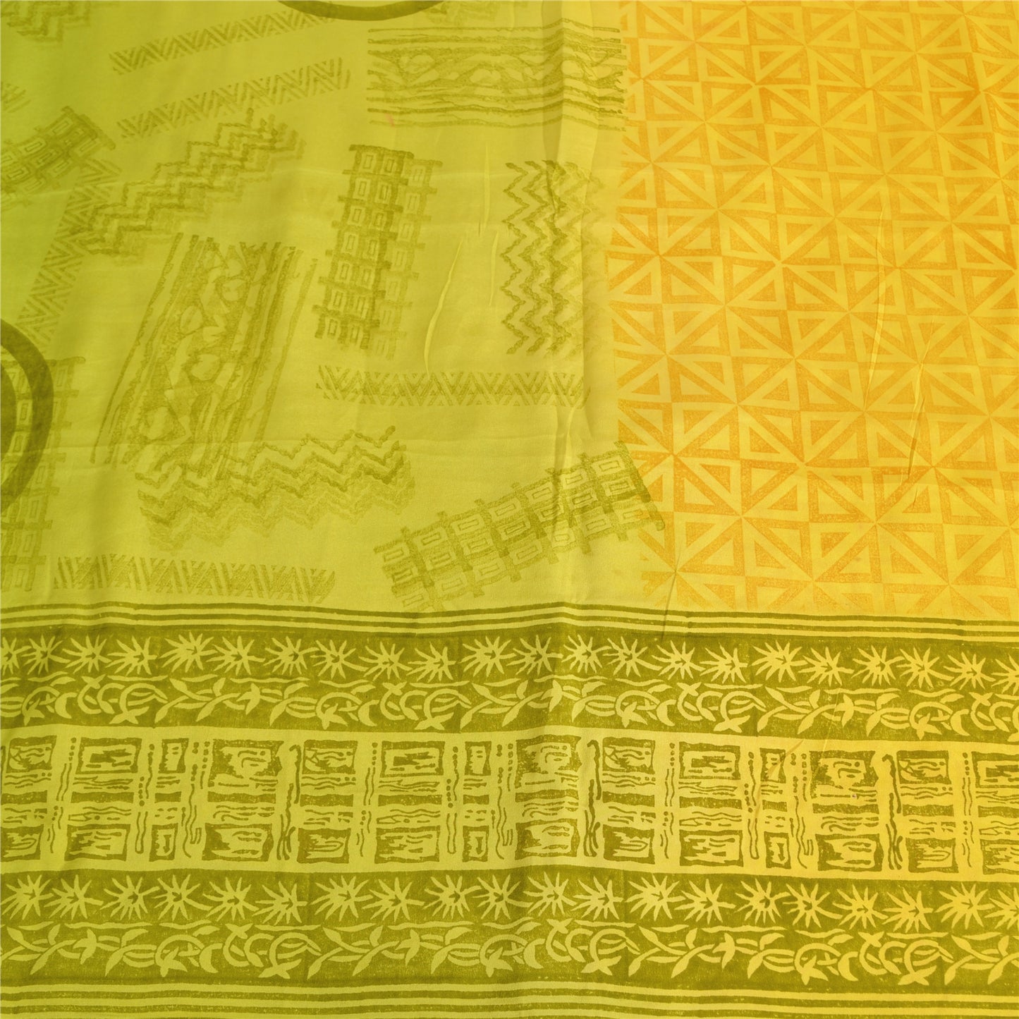 Sanskriti Vintage Sarees Yellow/Green Pure Crepe Silk Printed Sari 5yd Sustainable Fabric