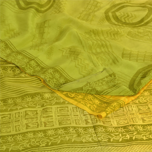 Sanskriti Vintage Sarees Yellow/Green Pure Crepe Silk Printed Sari 5yd Sustainable Fabric