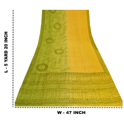 Sanskriti Vintage Sarees Yellow/Green Pure Crepe Silk Printed Sari 5yd Sustainable Fabric