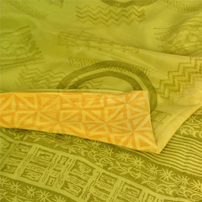 Sanskriti Vintage Sarees Yellow/Green Pure Crepe Silk Printed Sari 5yd Sustainable Fabric