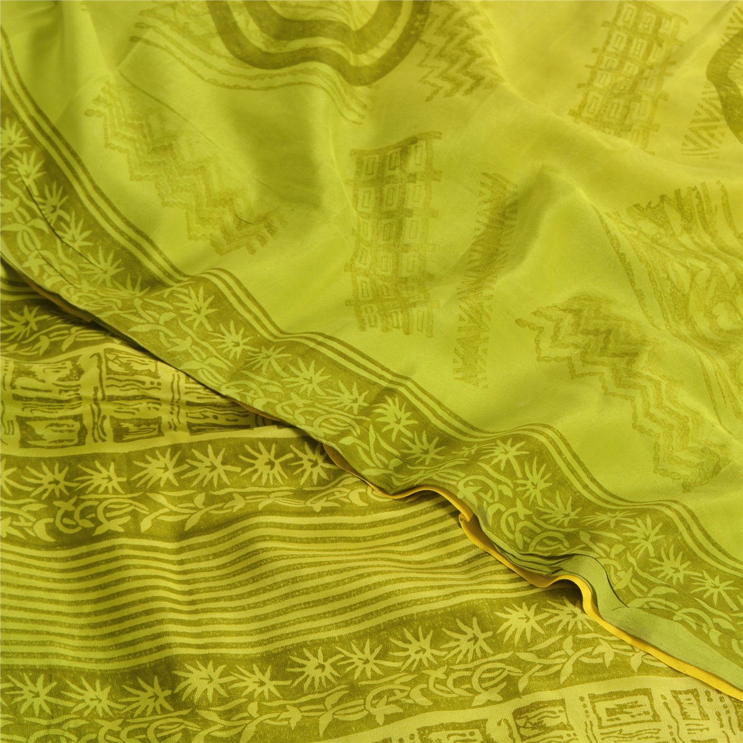 Sanskriti Vintage Sarees Yellow/Green Pure Crepe Silk Printed Sari 5yd Sustainable Fabric