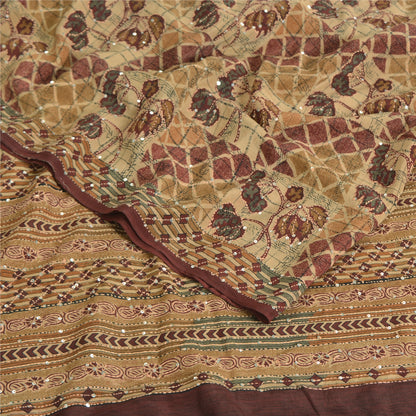 Sanskriti Vintage Sarees Multi Pure Crepe Hand Beaded Kantha Printed Sari Sustainable Fabric