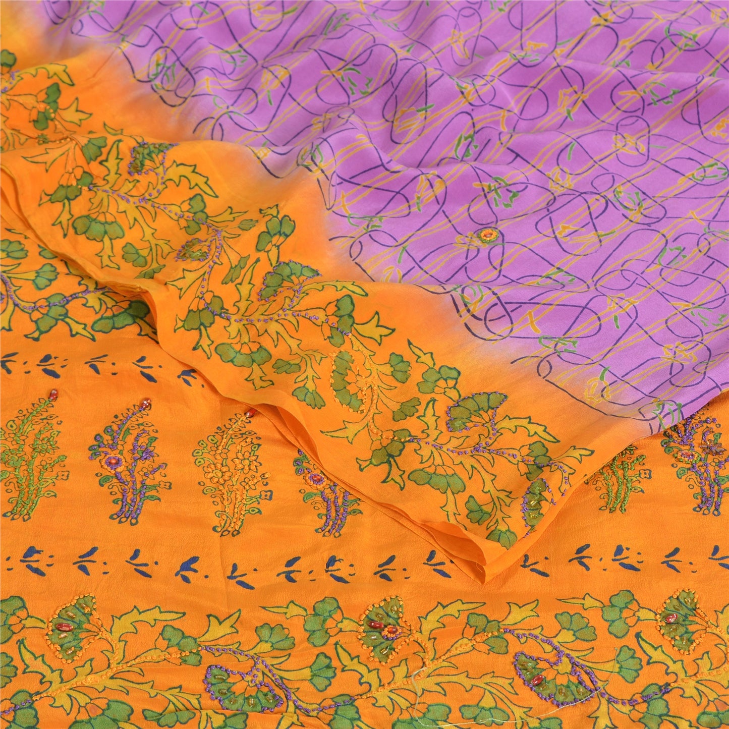 Санскритские винтажные сари фиолетовое/желтое чистое креповое сари с принтом 5 ярдов ткань для рукоделия из экологически чистой ткани