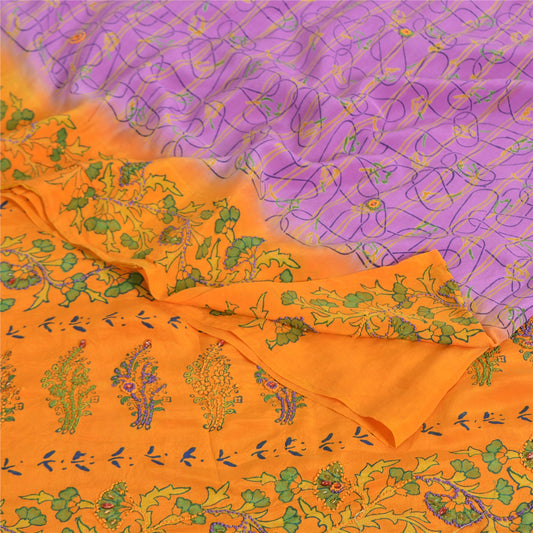 Sanskriti Vintage Sarees Purple/Yellow Pure Crepe Printed Sari 5yd Craft Sustainable Fabric