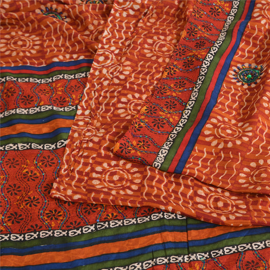 Sanskriti Vintage Sarees Pure Crepe Hand Beaded Orange Printed Sari 5yd Sustainable Fabric