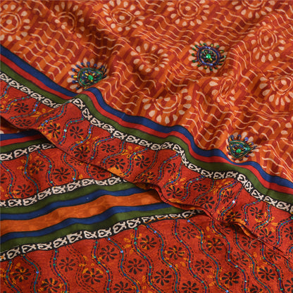 Сари из чистого крепа с бисером ручной работы, оранжевое сари с принтом, 5 ярдов, устойчивая ткань