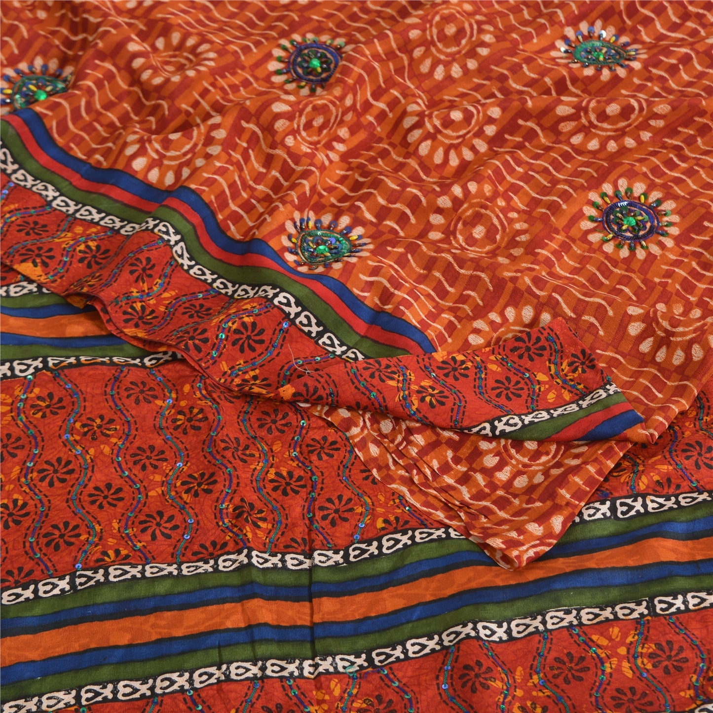 Сари из чистого крепа с бисером ручной работы, оранжевое сари с принтом, 5 ярдов, устойчивая ткань