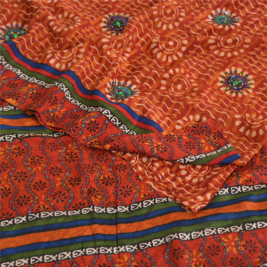 Sanskriti Vintage Sarees Pure Crepe Hand Beaded Orange Printed Sari 5yd Sustainable Fabric