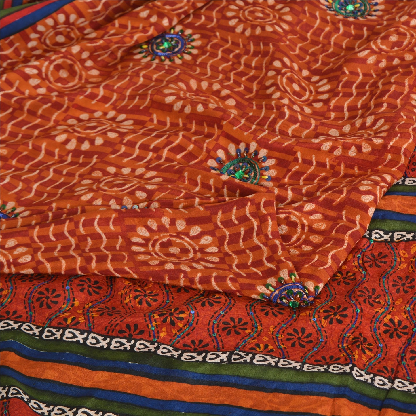 Сари из чистого крепа с бисером ручной работы, оранжевое сари с принтом, 5 ярдов, устойчивая ткань