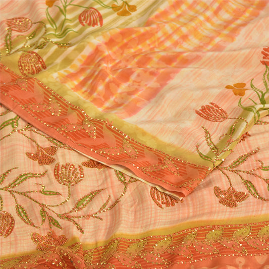 Sanskriti Vintage Sarees Multicolor Pure Crepe Print Hand Beaded Sari 5yd Sustainable Fabric