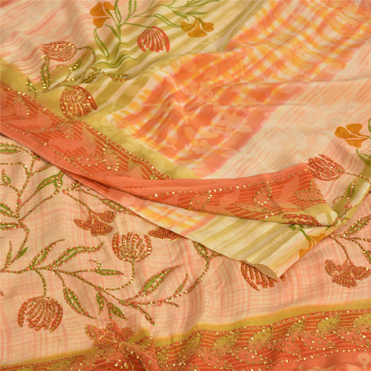 Sanskriti Vintage Sarees Multicolor Pure Crepe Print Hand Beaded Sari 5yd Sustainable Fabric