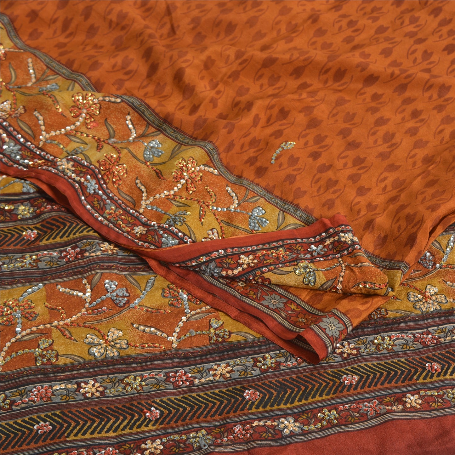 Санскритские винтажные сари шафрановый чистый креп с ручной вышивкой напечатанное сари устойчивая ткань