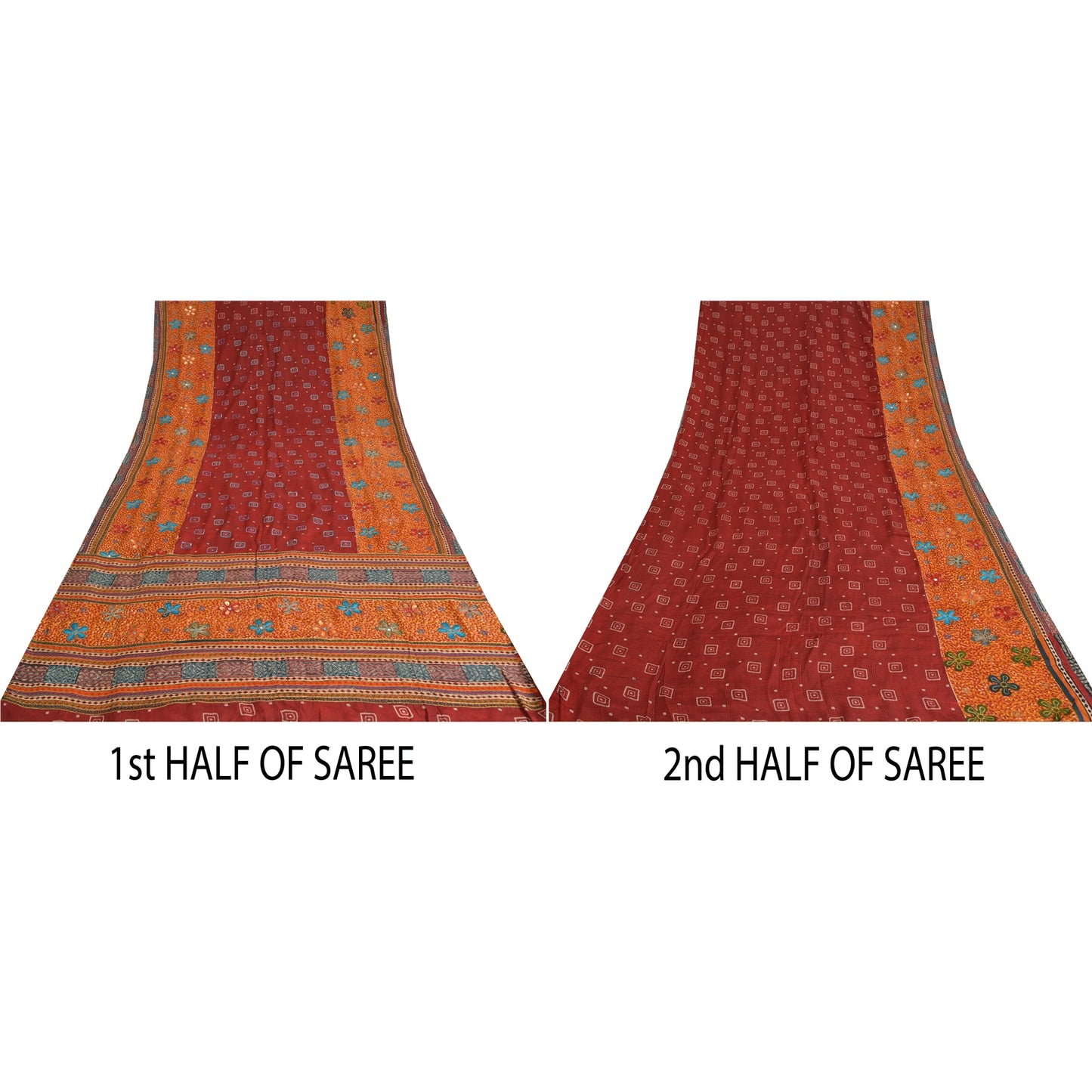 Sanskriti Vintage Sarees Red/Orange Hand Embroidery Print Pure Crepe Sari Sustainable Fabric