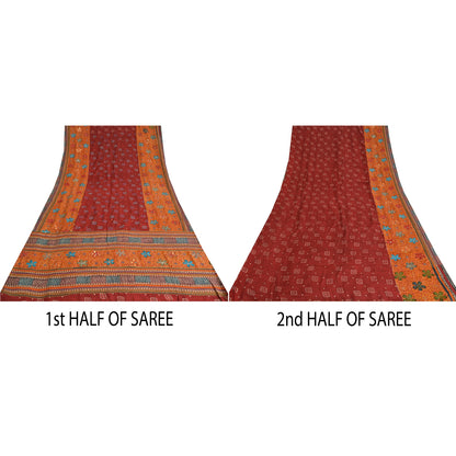 Sanskriti Vintage Sarees Red/Orange Hand Embroidery Print Pure Crepe Sari Sustainable Fabric