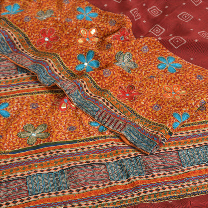 Sanskriti Vintage Sarees Red/Orange Hand Embroidery Print Pure Crepe Sari Sustainable Fabric