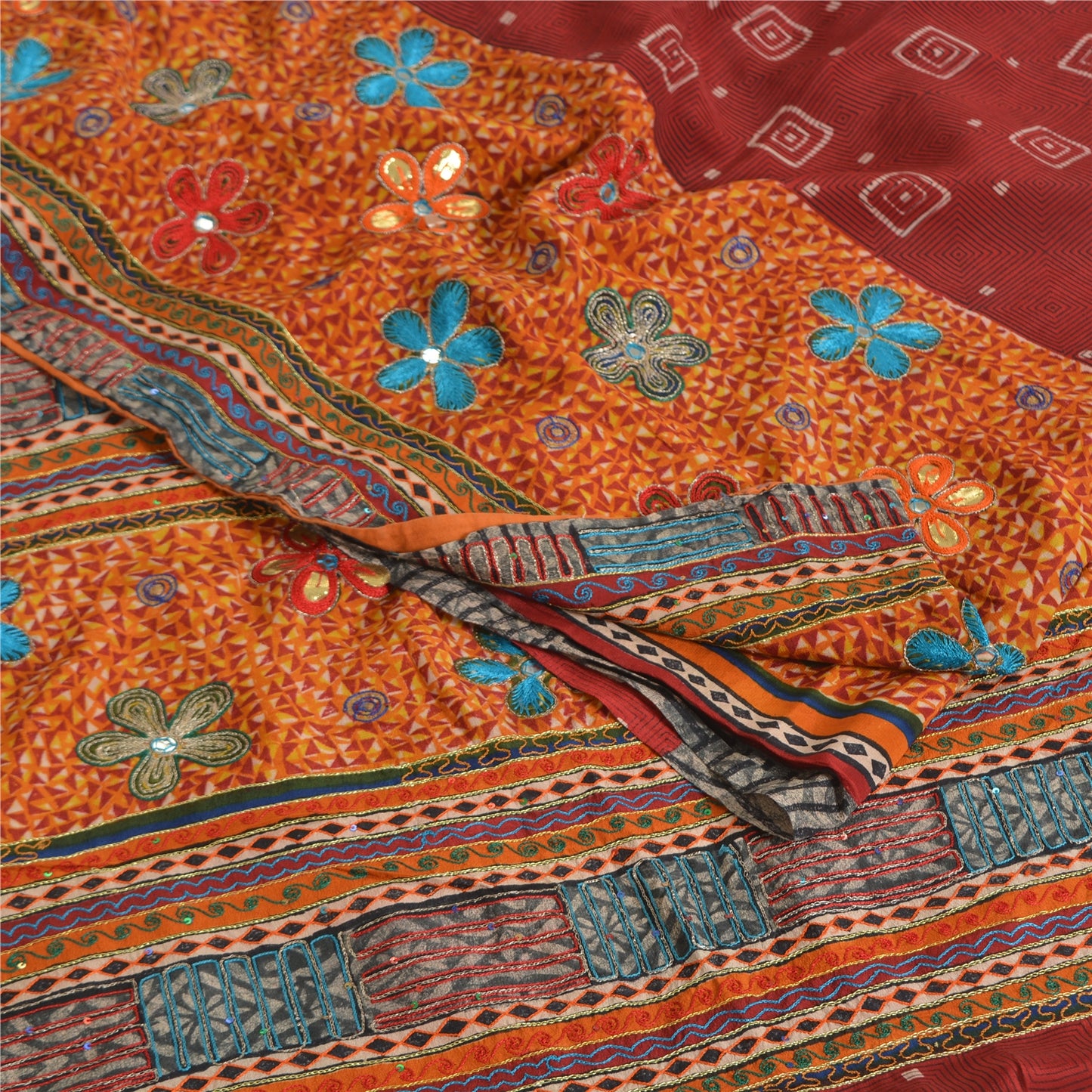 Sanskriti Vintage Sarees Red/Orange Hand Embroidery Print Pure Crepe Sari Sustainable Fabric