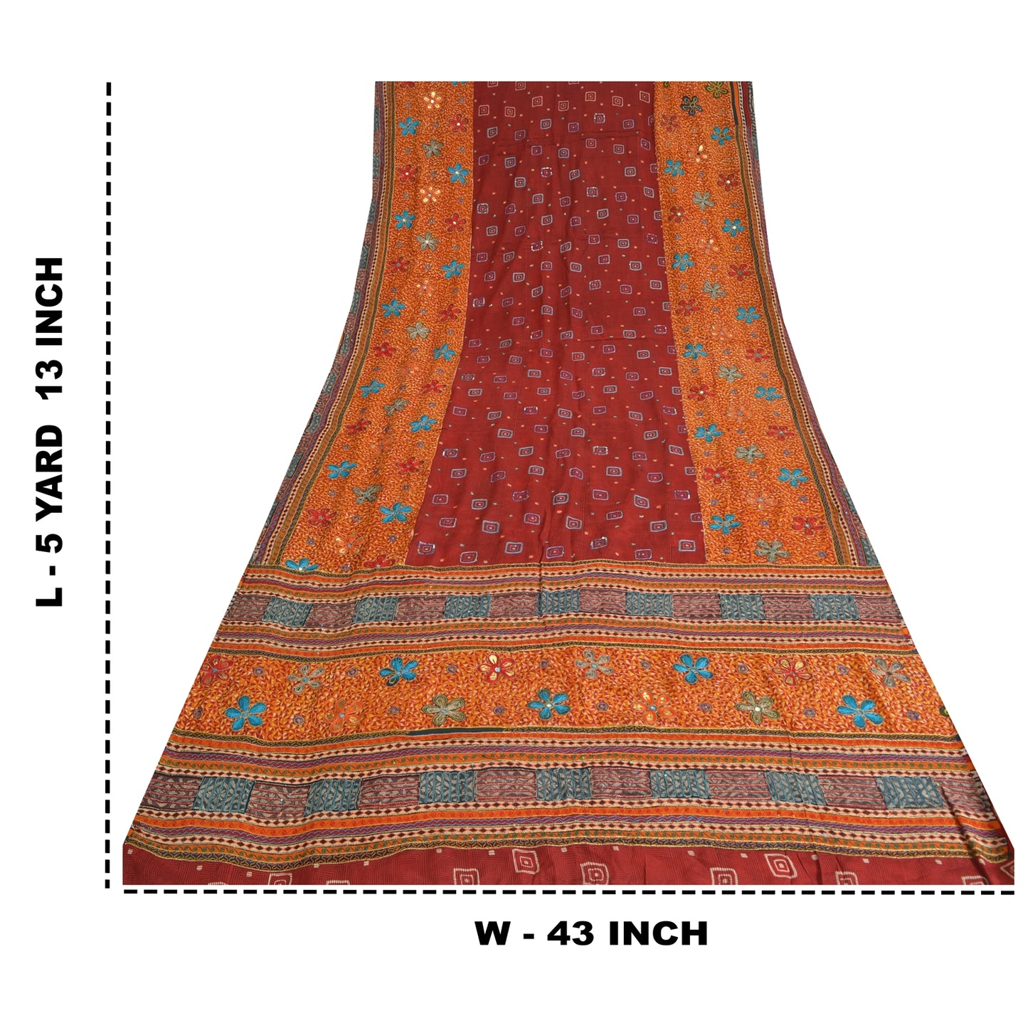 Sanskriti Vintage Sarees Red/Orange Hand Embroidery Print Pure Crepe Sari Sustainable Fabric