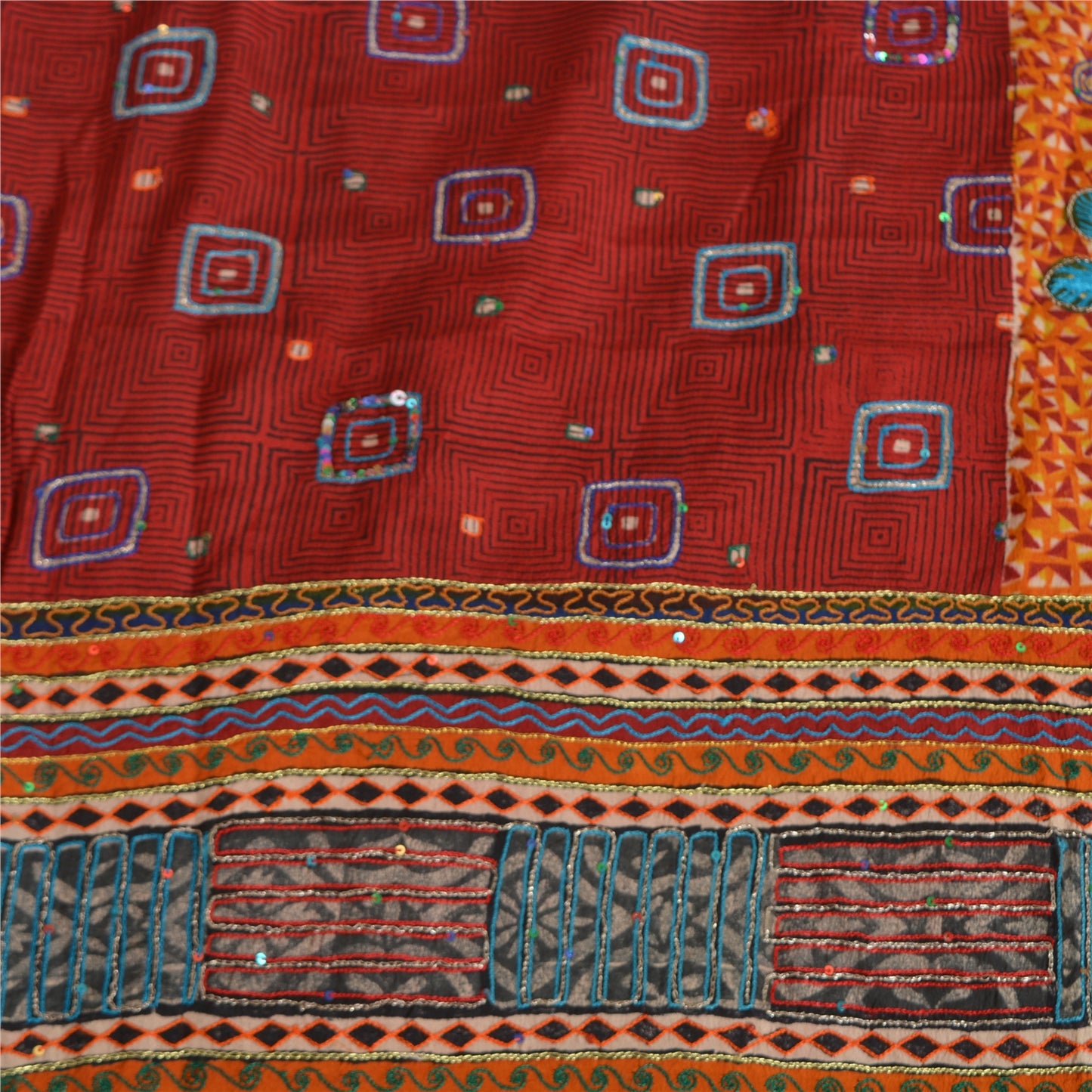 Sanskriti Vintage Sarees Red/Orange Hand Embroidery Print Pure Crepe Sari Sustainable Fabric