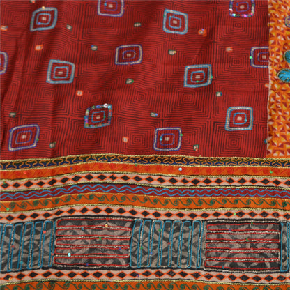 Sanskriti Vintage Sarees Red/Orange Hand Embroidery Print Pure Crepe Sari Sustainable Fabric