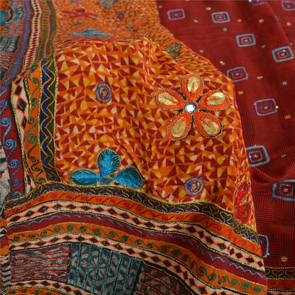 Sanskriti Vintage Sarees Red/Orange Hand Embroidery Print Pure Crepe Sari Sustainable Fabric